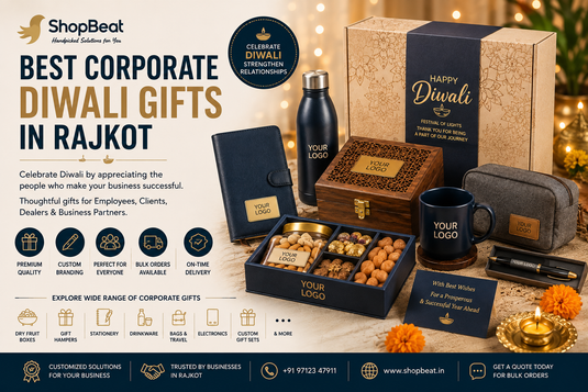 Corporate Diwali gifts in Rajkot for employees, clients, dealers and business partners featuring customized gift hampers, dry fruit boxes, stationery, bags, drinkware and electronics by ShopBeat.
