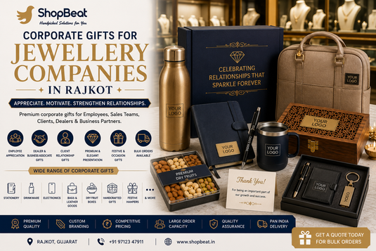 Corporate gifts for jewellery companies in Rajkot featuring premium gift boxes, leather bags, bottles, diaries, pens, dry fruit boxes, handcrafted gifts and festive hampers for employees, clients, dealers and business partners.