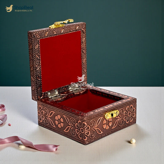 Handcrafted Wooden Jewellery Box Copper Metal Finish (4 x 4 inch) | Oxidized Pichwai Cow Design | Decorative Motif Organizer | Storage Box for Women Puja Festive Gifting | Royal Teal