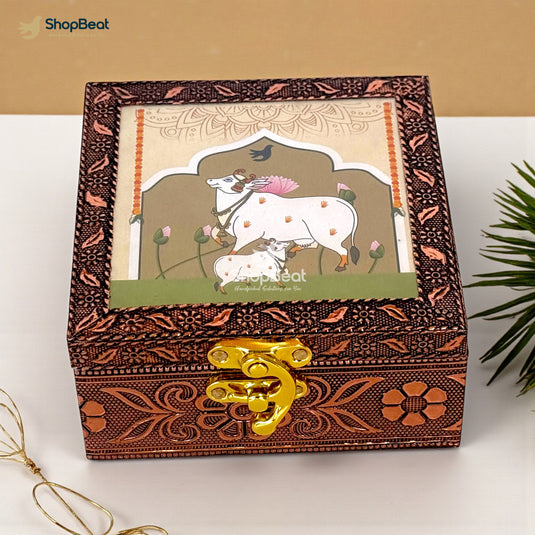 Handcrafted Wooden Jewellery Box Copper Metal Finish (4 x 4 inch) | Oxidized Pichwai Cow and Calf Design | Decorative Motif Organizer | Storage Box for Women Puja Festive Gifting | Ivory Sand