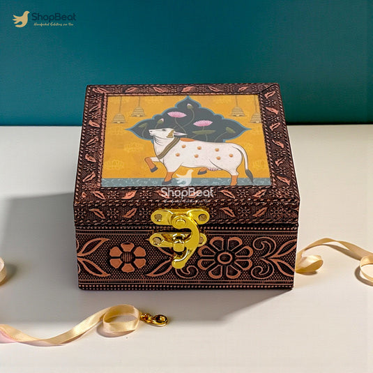 Handcrafted Wooden Jewellery Box Copper Metal Finish (4 x 4 inch) Pack of 10 | Oxidized Pichwai Cow Design | Decorative Organizer | Storage Box for Women Puja Festive Gifting | Marigold Gold