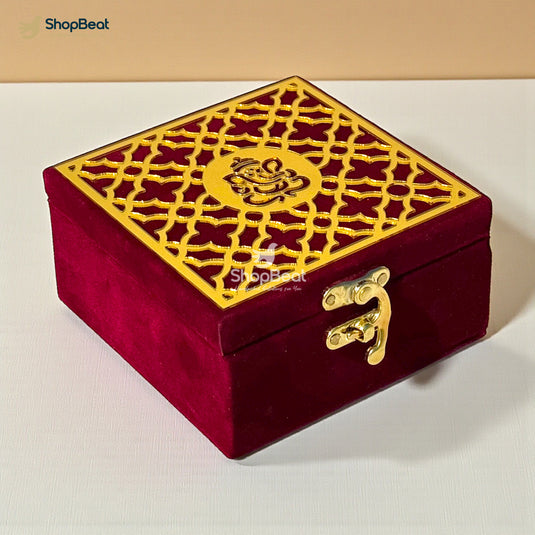 Handcrafted Velvet Jewellery Box with Ganpati Design (4 x 4 inch) | Wooden Base Decorative Jewellery Organizer | Storage Box for Women | Ganesh Motif for Puja Festive Wedding Gifting | Maroon
