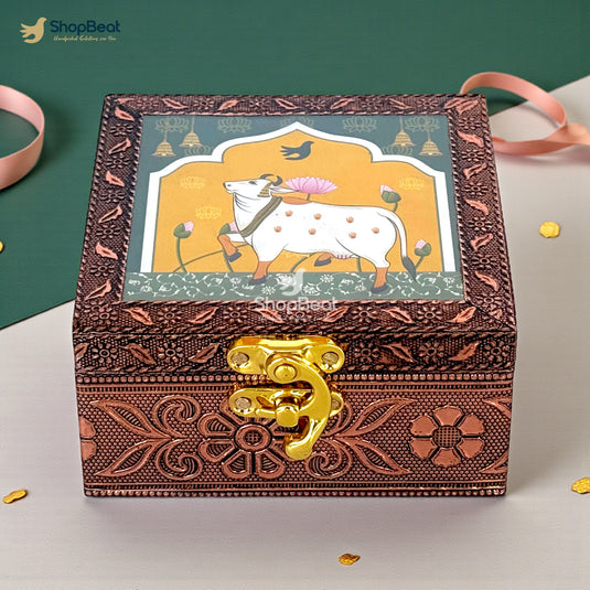 Handcrafted Wooden Jewellery Box Copper Metal Finish (4 x 4 inch) | Oxidized Pichwai Cow Design | Decorative Motif Organizer | Storage Box for Women Puja Festive Gifting | Royal Teal