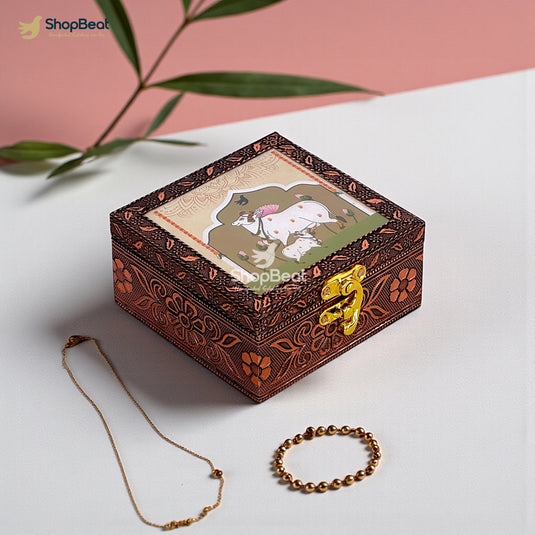 Handcrafted Wooden Jewellery Box Copper Metal Finish (4 x 4 inch) | Oxidized Pichwai Cow and Calf Design | Decorative Motif Organizer | Storage Box for Women Puja Festive Gifting | Ivory Sand