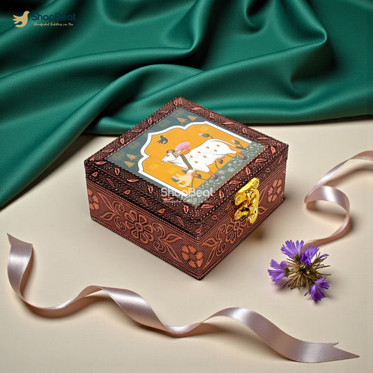 Handcrafted Wooden Jewellery Box Copper Metal Finish (4 x 4 inch) | Oxidized Pichwai Cow Design | Decorative Motif Organizer | Storage Box for Women Puja Festive Gifting | Royal Teal