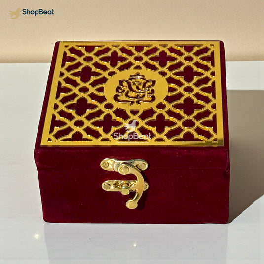 Handcrafted Velvet Jewellery Box with Ganpati Design (4 x 4 inch) | Wooden Base Decorative Jewellery Organizer | Storage Box for Women | Ganesh Motif for Puja Festive Wedding Gifting | Maroon