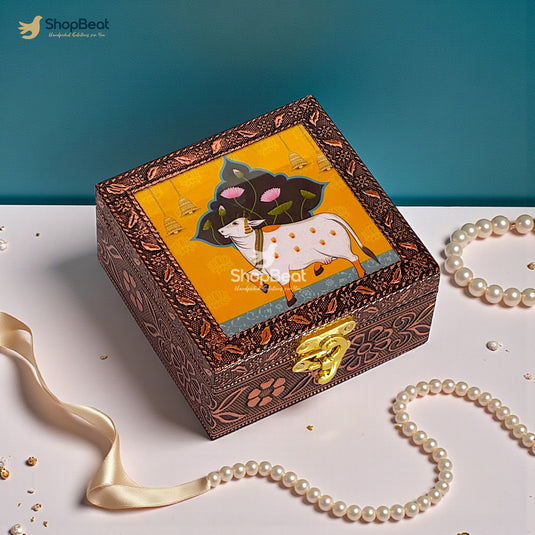 Handcrafted Wooden Jewellery Box Copper Metal Finish (4 x 4 inch) Pack of 10 | Oxidized Pichwai Cow Design | Decorative Organizer | Storage Box for Women Puja Festive Gifting | Marigold Gold