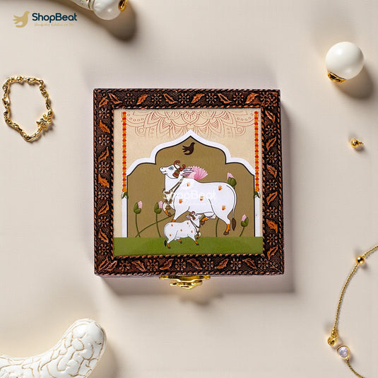 Handcrafted Wooden Jewellery Box Copper Metal Finish (4 x 4 inch) | Oxidized Pichwai Cow and Calf Design | Decorative Motif Organizer | Storage Box for Women Puja Festive Gifting | Ivory Sand