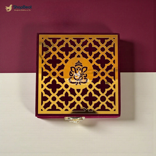 Handcrafted Velvet Jewellery Box with Ganpati Design (4 x 4 inch) | Wooden Base Decorative Jewellery Organizer | Storage Box for Women | Ganesh Motif for Puja Festive Wedding Gifting | Maroon