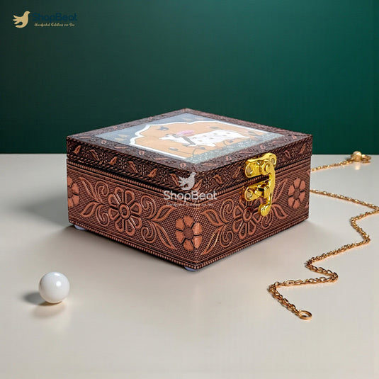 Handcrafted Wooden Jewellery Box Copper Metal Finish (4 x 4 inch) | Oxidized Pichwai Cow Design | Decorative Motif Organizer | Storage Box for Women Puja Festive Gifting | Royal Teal