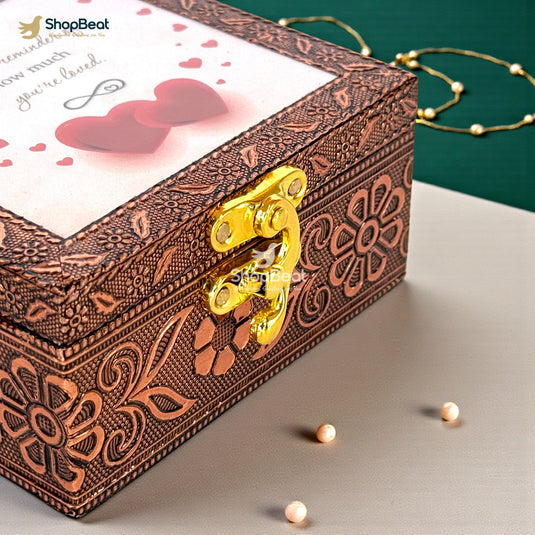 Handcrafted Wooden Jewellery Box with Copper Metal Finish, Oxidised Decorative Jewellery Organizer for Women, Elegant Gift Box for Valentine, Anniversary & Wedding (10 x 10 x 5 cm)