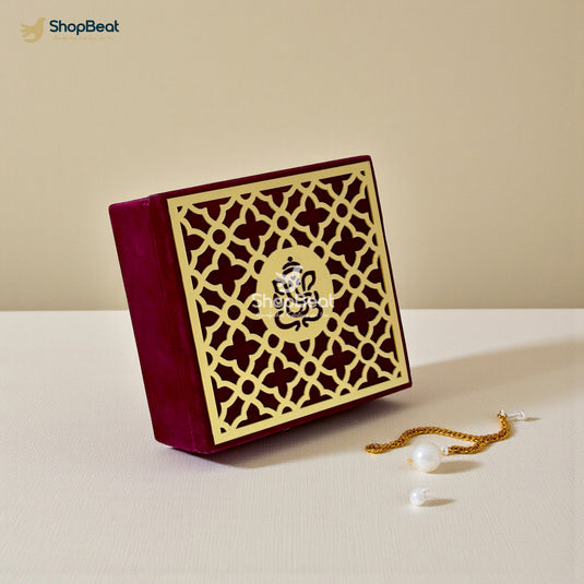 Handcrafted Velvet Jewellery Box with Ganpati Design (4 x 4 inch) | Wooden Base Decorative Jewellery Organizer | Storage Box for Women | Ganesh Motif for Puja Festive Wedding Gifting | Maroon