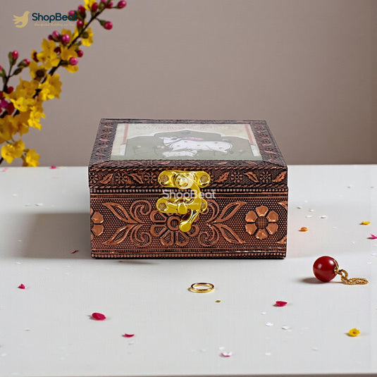 Handcrafted Wooden Jewellery Box Copper Metal Finish (4 x 4 inch) | Oxidized Pichwai Cow and Calf Design | Decorative Motif Organizer | Storage Box for Women Puja Festive Gifting | Ivory Sand