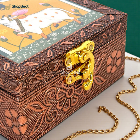 Handcrafted Wooden Jewellery Box Copper Metal Finish (4 x 4 inch) | Oxidized Pichwai Cow Design | Decorative Motif Organizer | Storage Box for Women Puja Festive Gifting | Royal Teal