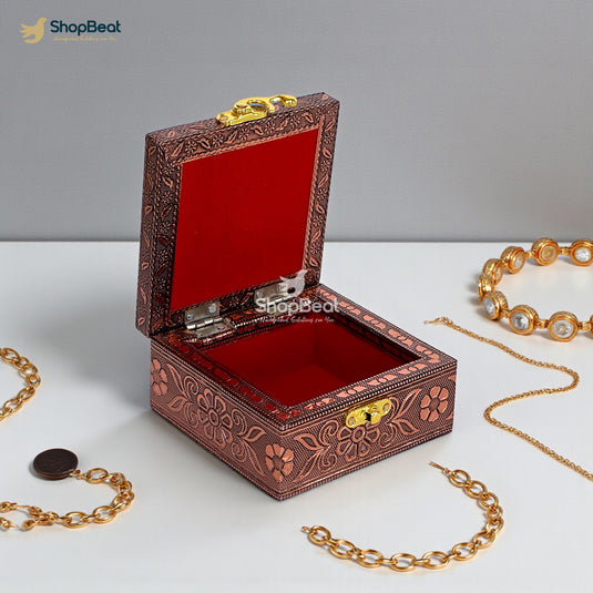 Handcrafted Wooden Jewellery Box Copper Metal Finish (4 x 4 inch) | Oxidized Pichwai Cow and Calf Design | Decorative Motif Organizer | Storage Box for Women Puja Festive Gifting | Ivory Sand