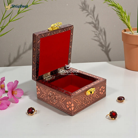 Handcrafted Wooden Jewellery Box Copper Metal Finish (4 x 4 inch) | Oxidized Pichwai Cow Design | Decorative Motif Organizer | Storage Box for Women Puja Festive Gifting | Royal Teal