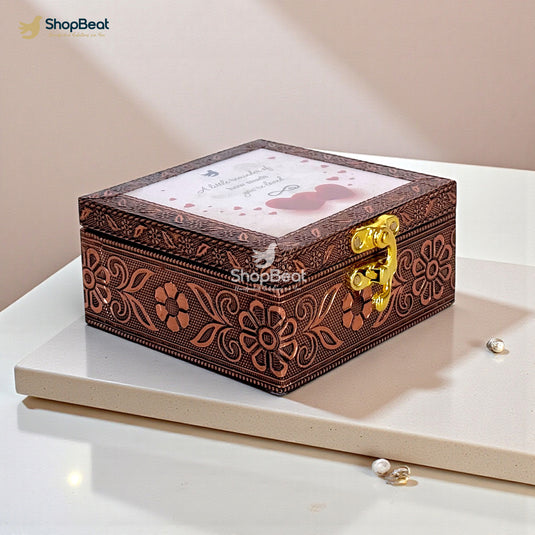 Handcrafted Wooden Jewellery Box with Copper Metal Finish, Oxidised Decorative Jewellery Organizer for Women, Elegant Gift Box for Valentine, Anniversary & Wedding (10 x 10 x 5 cm)