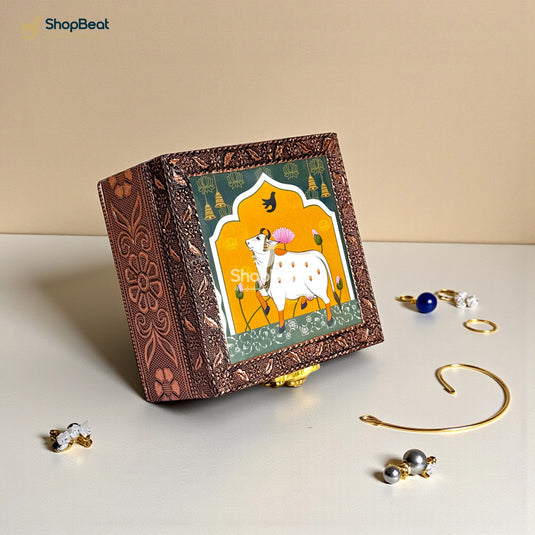 Handcrafted Wooden Jewellery Box Copper Metal Finish (4 x 4 inch) | Oxidized Pichwai Cow Design | Decorative Motif Organizer | Storage Box for Women Puja Festive Gifting | Royal Teal