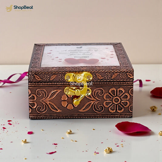 Handcrafted Wooden Jewellery Box with Copper Metal Finish, Oxidised Decorative Jewellery Organizer for Women, Elegant Gift Box for Valentine, Anniversary & Wedding (10 x 10 x 5 cm)