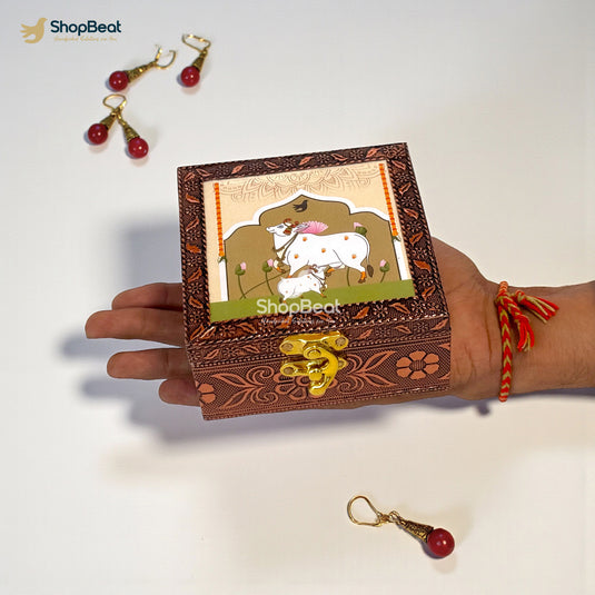 Handcrafted Wooden Jewellery Box Copper Metal Finish (4 x 4 inch) | Oxidized Pichwai Cow and Calf Design | Decorative Motif Organizer | Storage Box for Women Puja Festive Gifting | Ivory Sand