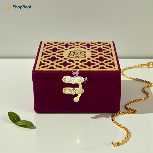 Handcrafted Velvet Jewellery Box with Ganpati Design (4 x 4 inch) | Wooden Base Decorative Jewellery Organizer | Storage Box for Women | Ganesh Motif for Puja Festive Wedding Gifting | Maroon