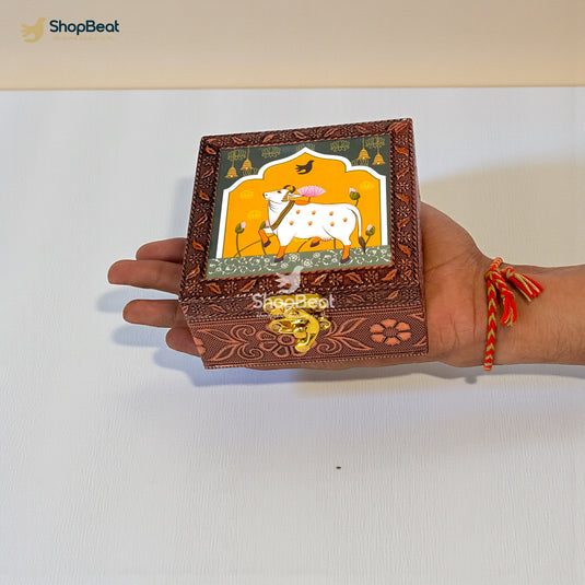 Handcrafted Wooden Jewellery Box Copper Metal Finish (4 x 4 inch) | Oxidized Pichwai Cow Design | Decorative Motif Organizer | Storage Box for Women Puja Festive Gifting | Royal Teal