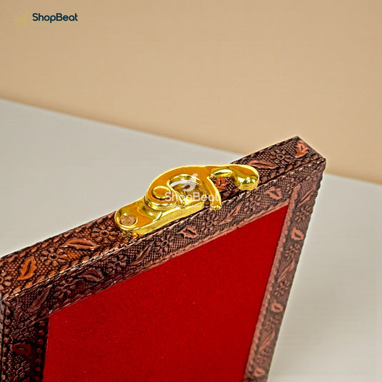 Handcrafted Wooden Jewellery Box Copper Metal Finish (4 x 4 inch) | Oxidized Pichwai Cow and Calf Design | Decorative Motif Organizer | Storage Box for Women Puja Festive Gifting | Ivory Sand