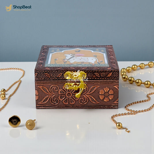 Handcrafted Wooden Jewellery Box Copper Metal Finish (4 x 4 inch) | Oxidized Pichwai Cow Design | Decorative Motif Organizer | Storage Box for Women Puja Festive Gifting | Royal Teal