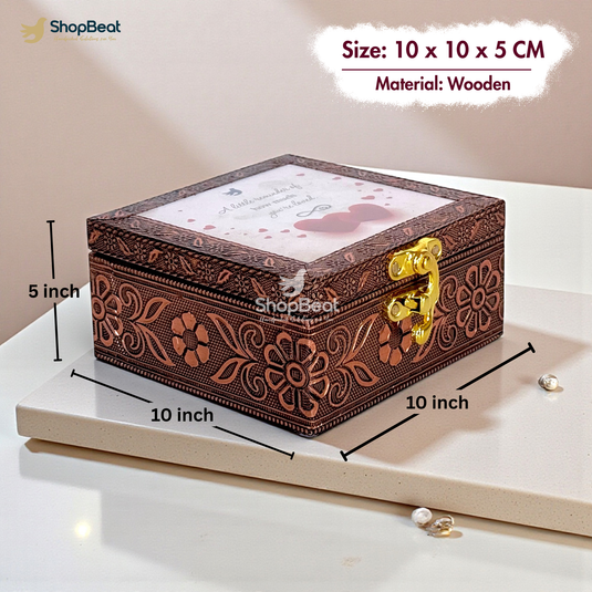 Handcrafted Wooden Jewellery Box with Copper Metal Finish, Oxidised Decorative Jewellery Organizer for Women, Elegant Gift Box for Valentine, Anniversary & Wedding (10 x 10 x 5 cm)