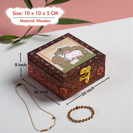 Handcrafted Wooden Jewellery Box Copper Metal Finish (4 x 4 inch) | Oxidized Pichwai Cow and Calf Design | Decorative Motif Organizer | Storage Box for Women Puja Festive Gifting | Ivory Sand