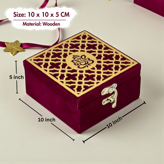 Handcrafted Velvet Jewellery Box with Ganpati Design (4 x 4 inch) | Wooden Base Decorative Jewellery Organizer | Storage Box for Women | Ganesh Motif for Puja Festive Wedding Gifting | Maroon