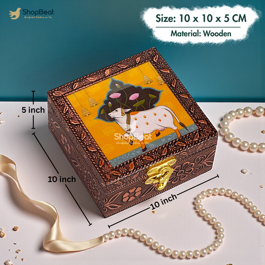 Handcrafted Wooden Jewellery Box Copper Metal Finish (4 x 4 inch) Pack of 2 | Oxidized Pichwai Cow Design | Decorative Organizer | Storage Box for Women Puja Festive Gifting | Marigold Gold