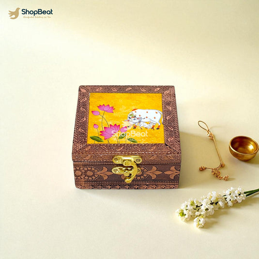 Copper Oxidised Yellow Pichwai Design Multipurpose Box 4x4 – Pooja & Jewellery Storage