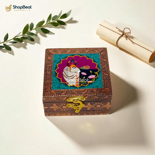 Copper Oxidised Blue Pichwai Design Multipurpose Box 4x4 – Pooja & Jewellery Storage