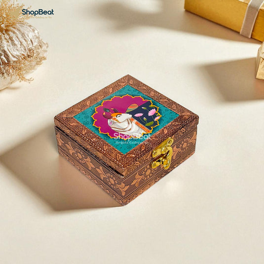 Copper Oxidised Blue Pichwai Design Multipurpose Box 4x4 – Pooja & Jewellery Storage