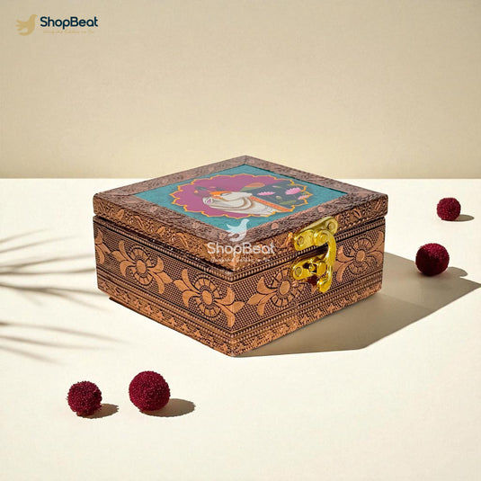 Copper Oxidised Blue Pichwai Design Multipurpose Box 4x4 – Pooja & Jewellery Storage