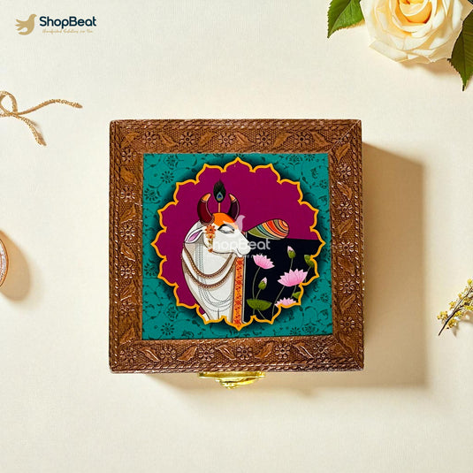 Copper Oxidised Blue Pichwai Design Multipurpose Box 4x4 – Pooja & Jewellery Storage