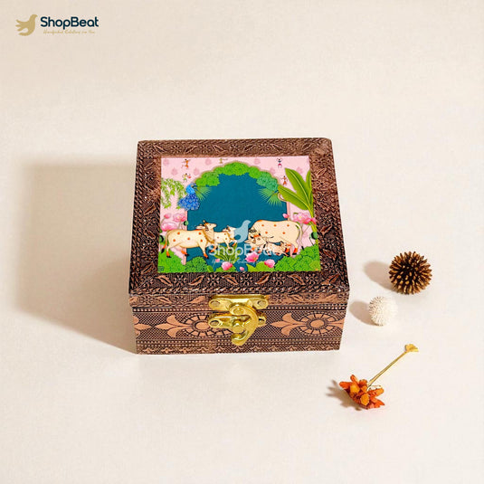Copper Oxidised Pink Pichwai Design Multipurpose Box 4x4 – Pooja & Jewellery Storage