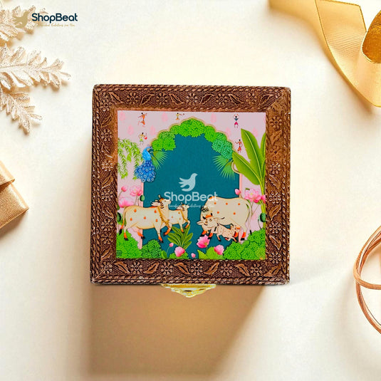 Copper Oxidised Pink Pichwai Design Multipurpose Box 4x4 – Pooja & Jewellery Storage