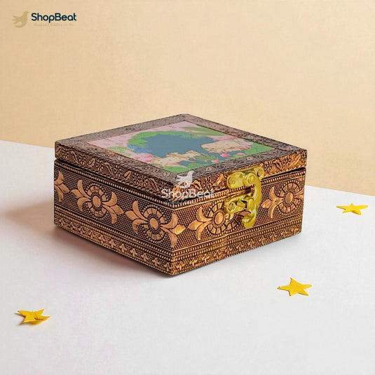 Copper Oxidised Pink Pichwai Design Multipurpose Box 4x4 – Pooja & Jewellery Storage