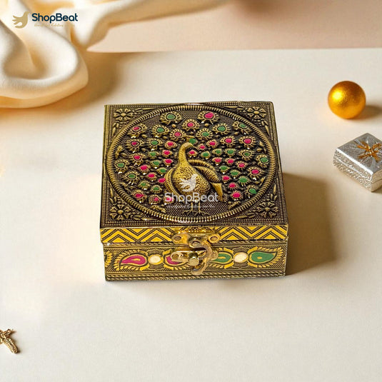 Golden Oxidised Peacock Design Multipurpose Box 4x4 – Pooja & Jewellery Storage