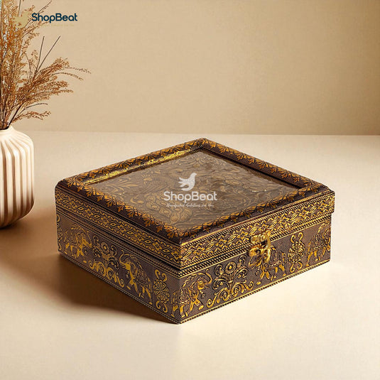 Golden Oxidised Peacock Design 4 Jar Dry Fruit Box with Tray – Decorative Gift Packaging