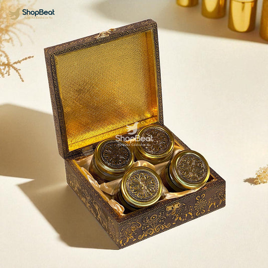 Golden Oxidised Peacock Design 4 Jar Dry Fruit Box with Tray – Decorative Gift Packaging