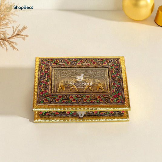 Golden Oxidised Elephant Design Dry Fruit Box 9x7 – Decorative Gift Box