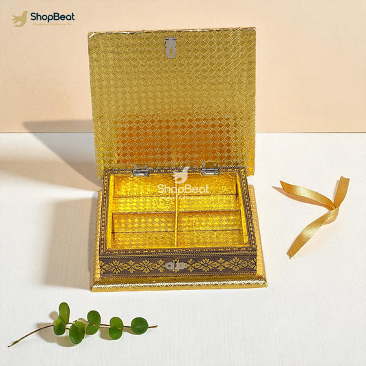Golden Oxidised White Rexine Dry Fruit Box 8x8 – Elegant Gift Packaging
