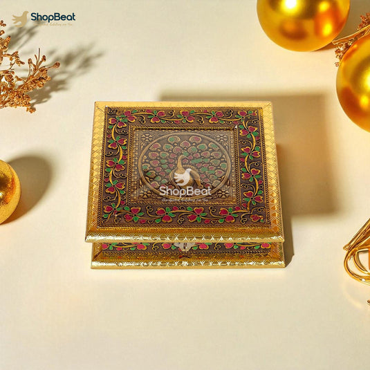 Golden Oxidised Peacock Design Dry Fruit Box 8x8 – Premium Gifting Box