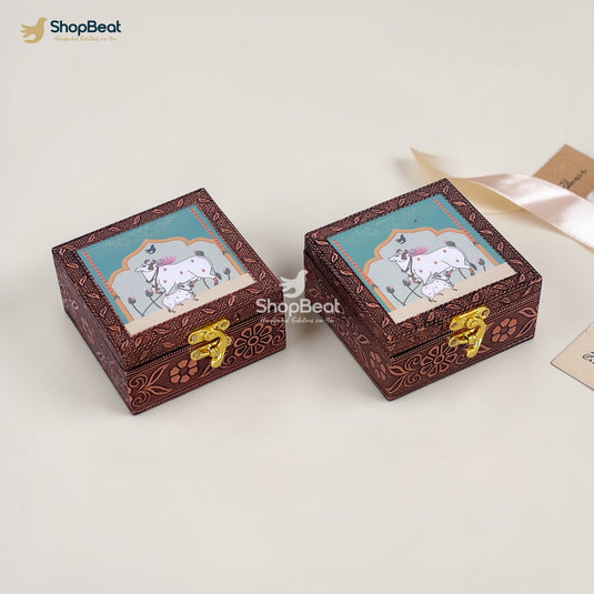 Handcrafted Wooden Jewellery Box Copper Metal Finish (4 x 4 inch) - Pack of 2 | Oxidized Pichwai Cow Design | Decorative Organizer | Storage Box for Women Puja Festive Gifting | Sacred Teal