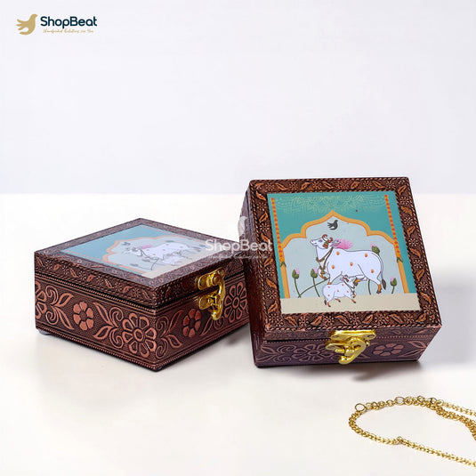 Handcrafted Wooden Jewellery Box Copper Metal Finish (4 x 4 inch) - Pack of 2 | Oxidized Pichwai Cow Design | Decorative Organizer | Storage Box for Women Puja Festive Gifting | Sacred Teal
