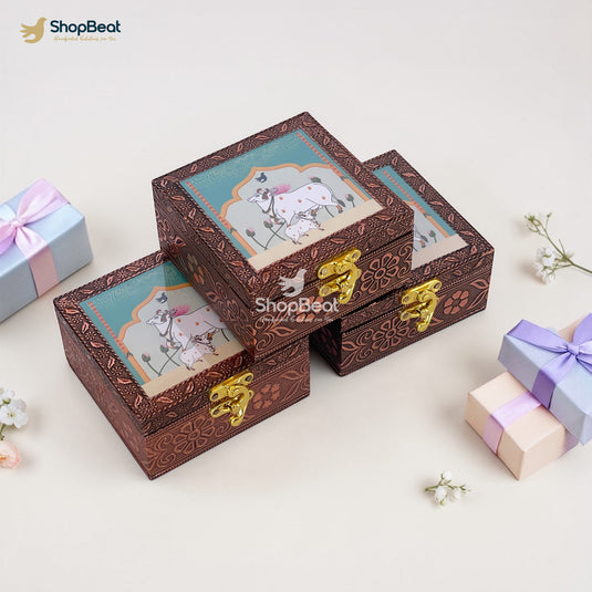 Handcrafted Wooden Jewellery Box Copper Metal Finish (4 x 4 inch) - Pack of 3 | Oxidized Pichwai Cow Design | Decorative Organizer | Storage Box for Women Puja Festive Gifting | Sacred Teal