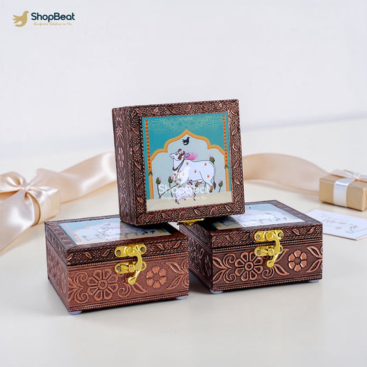 Handcrafted Wooden Jewellery Box Copper Metal Finish (4 x 4 inch) - Pack of 3 | Oxidized Pichwai Cow Design | Decorative Organizer | Storage Box for Women Puja Festive Gifting | Sacred Teal